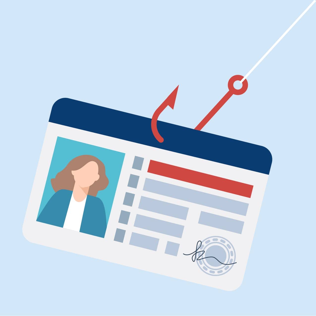 Drivers license ID card with phishing hook through it represnting identify theft protection