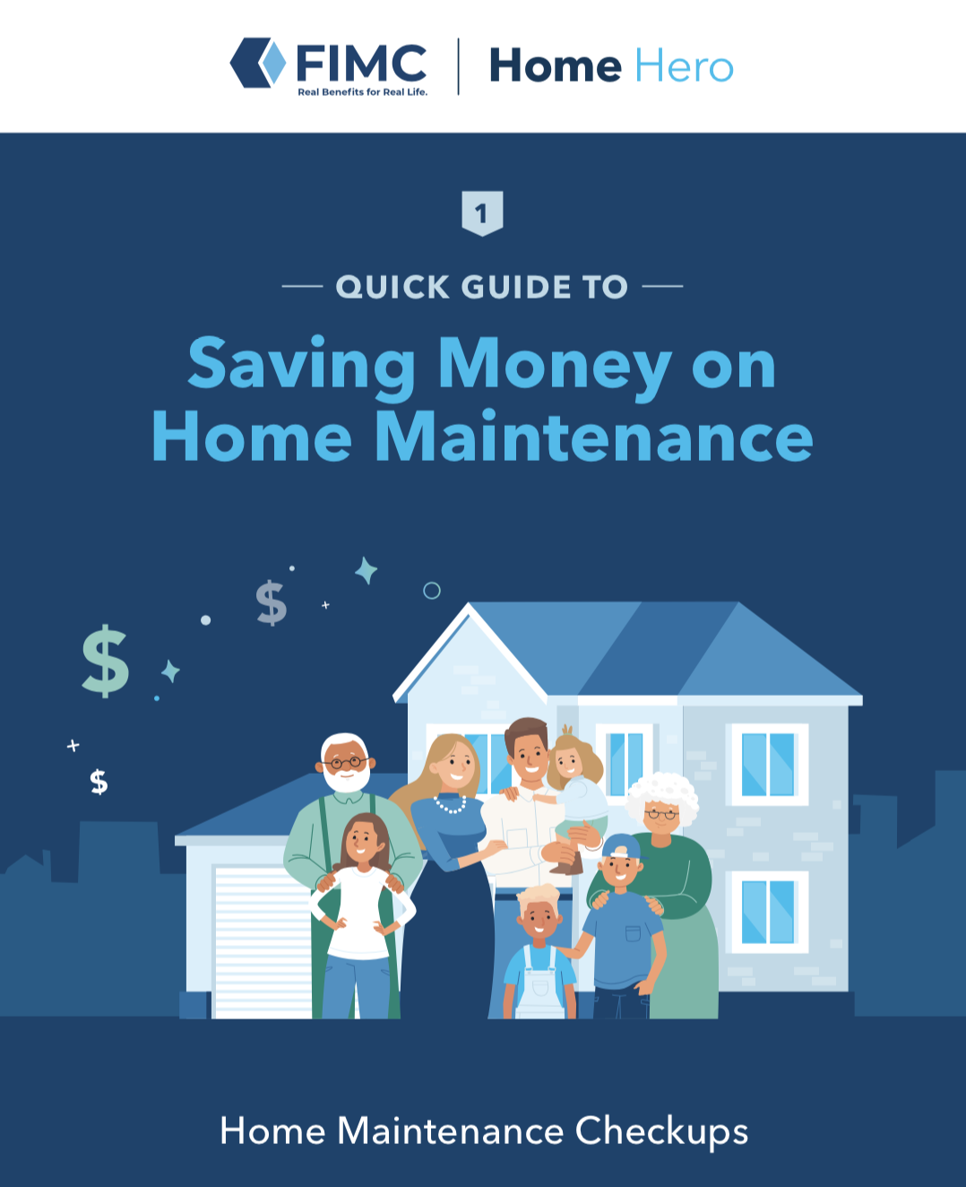 Illustration showing family outside of home for home maintenance checkups guide cover