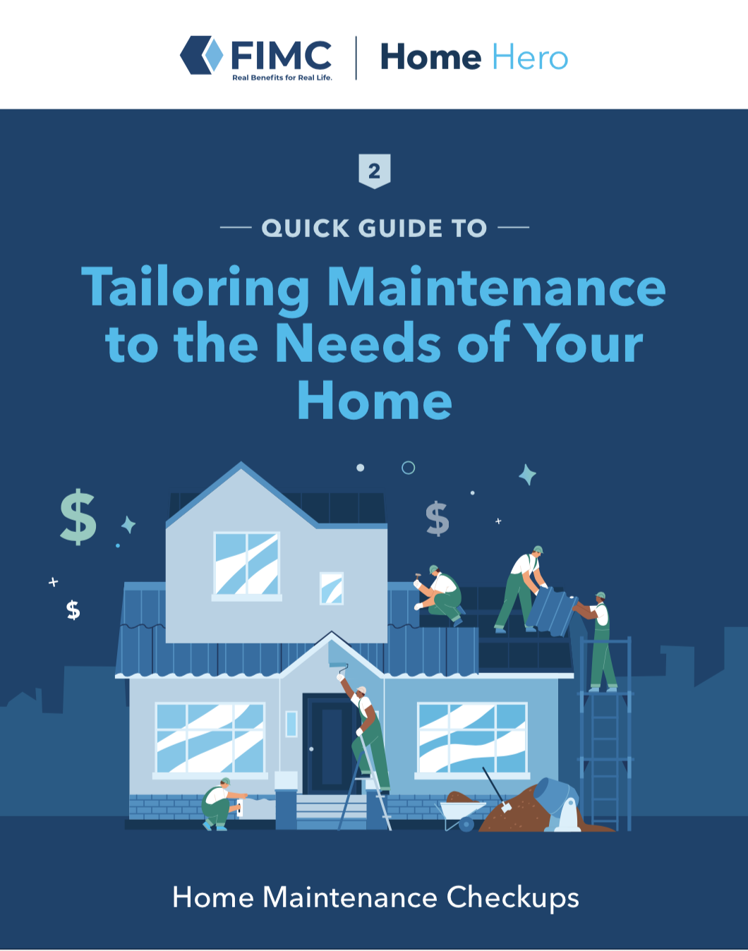 Illustration of workers replacing roof on home maintenance checkup cover