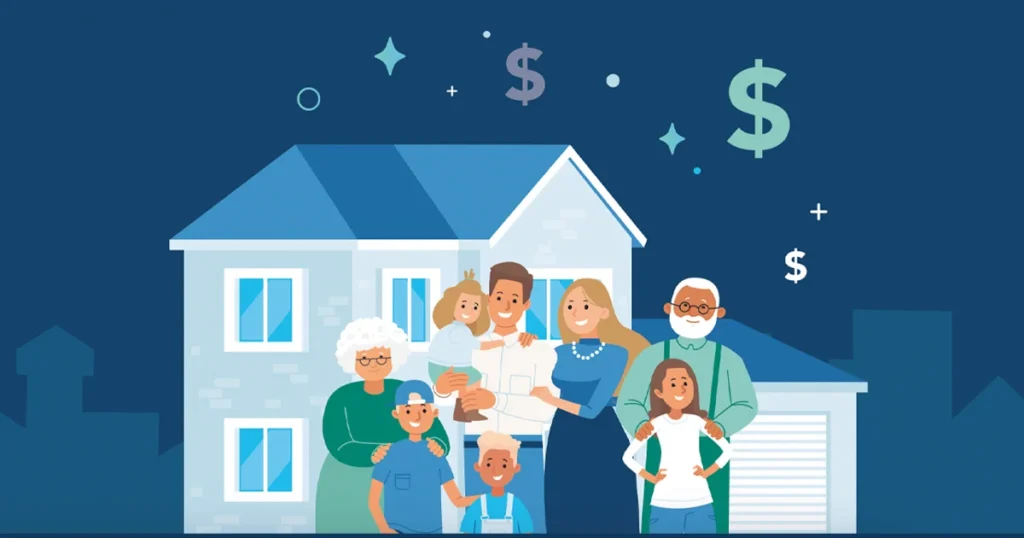 Infographic of family standing in front of a home as happy home owners