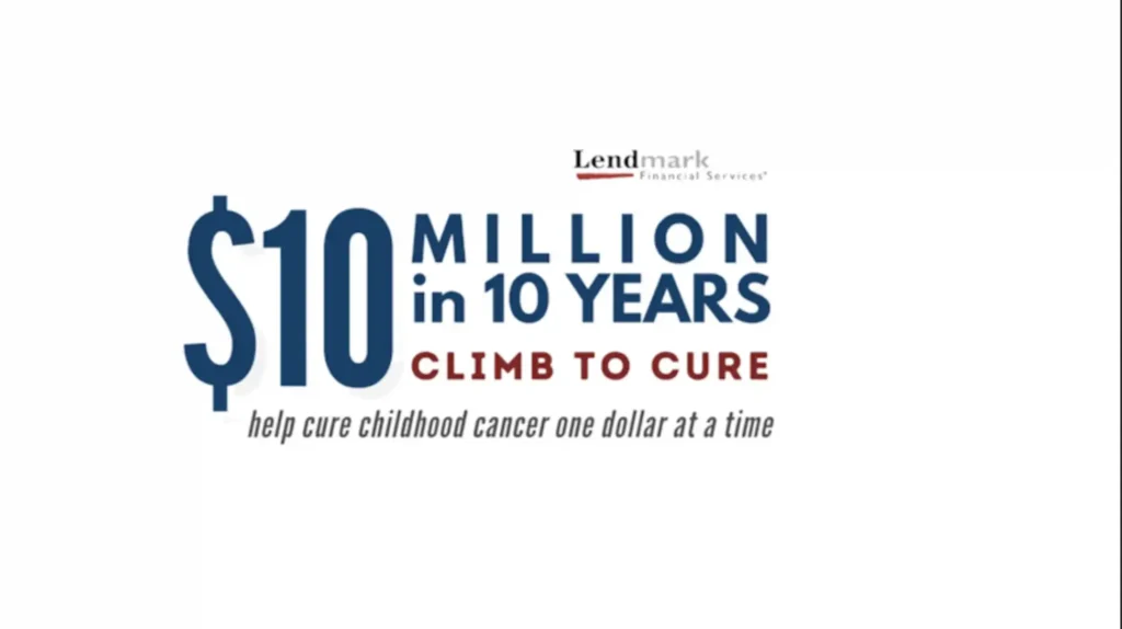 Lendmark Financial Services Logo with help childhood cancer one dollar at a time text
