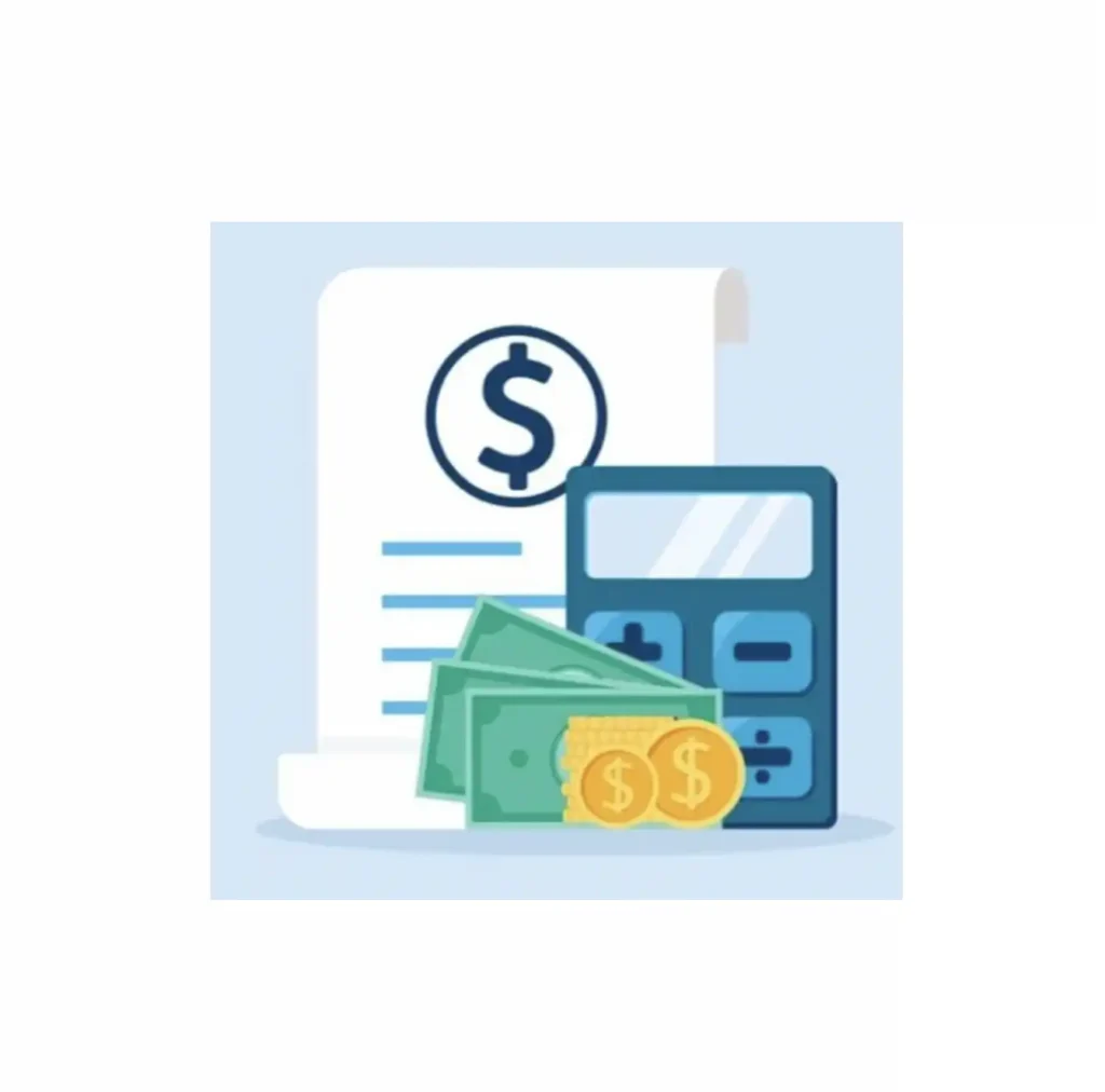 Paper with a dollar sign on it with calculator and money on the bottom right as smaller icons