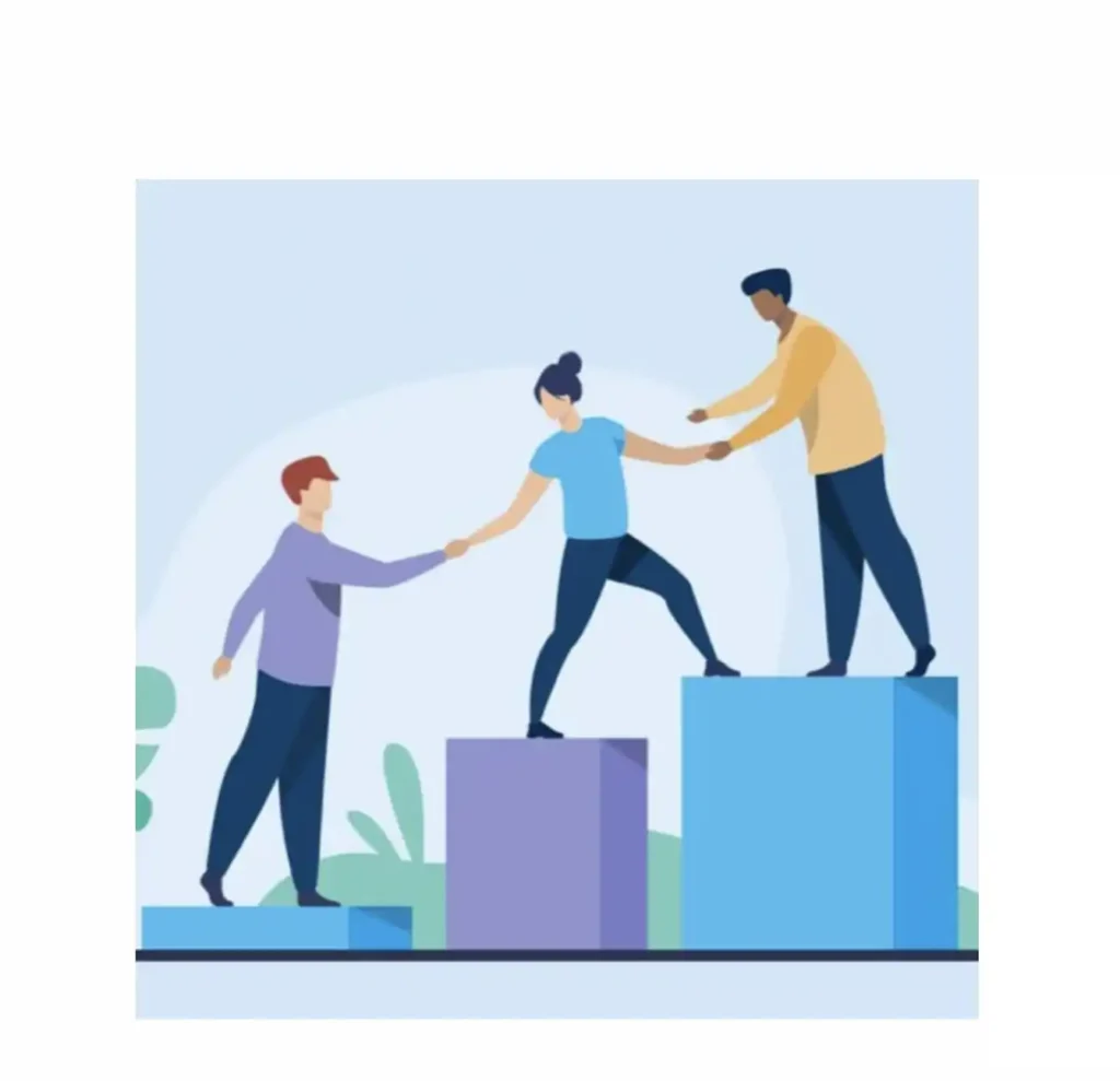 Icon of people holding hands on different level platforms going higher