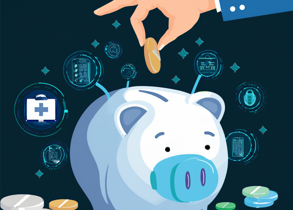 Icon of hand putting a coin into a piggy bank on a black background