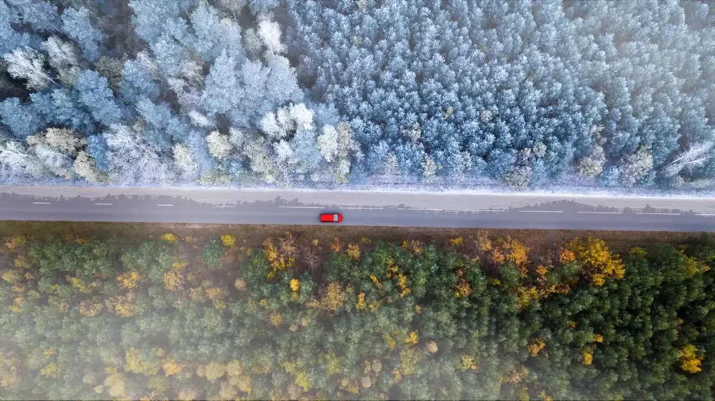 Overhead view of car traveling on a two lane highway with different color trees on both sides