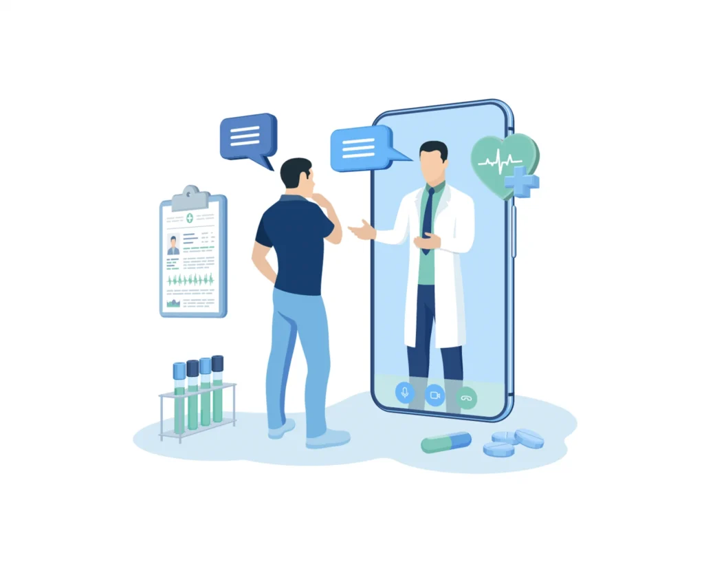 Infographic of person in front of a cell phone doing a telehealth appointment.