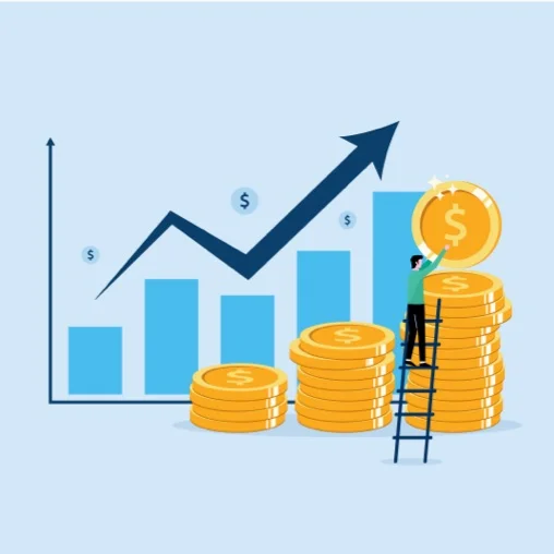 Illustration of chart showing growth with blue arrow going up and stacks of gold coins